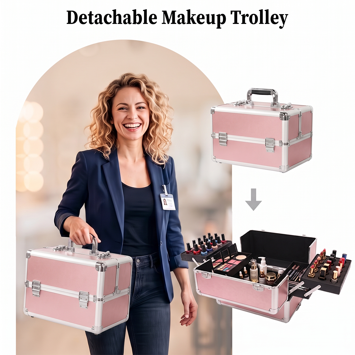 4-in-1 Modular Rolling Makeup Case – Detachable 4-Tier Cosmetic Storage Case with Telescopic Handle & 360° Wheels