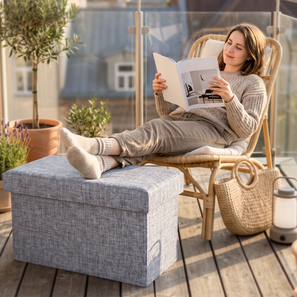 Foldable Storage Ottoman – 25L Collapsible Storage Stool with Padded Linen-Style Seat, 40 × 25 × 25 cm