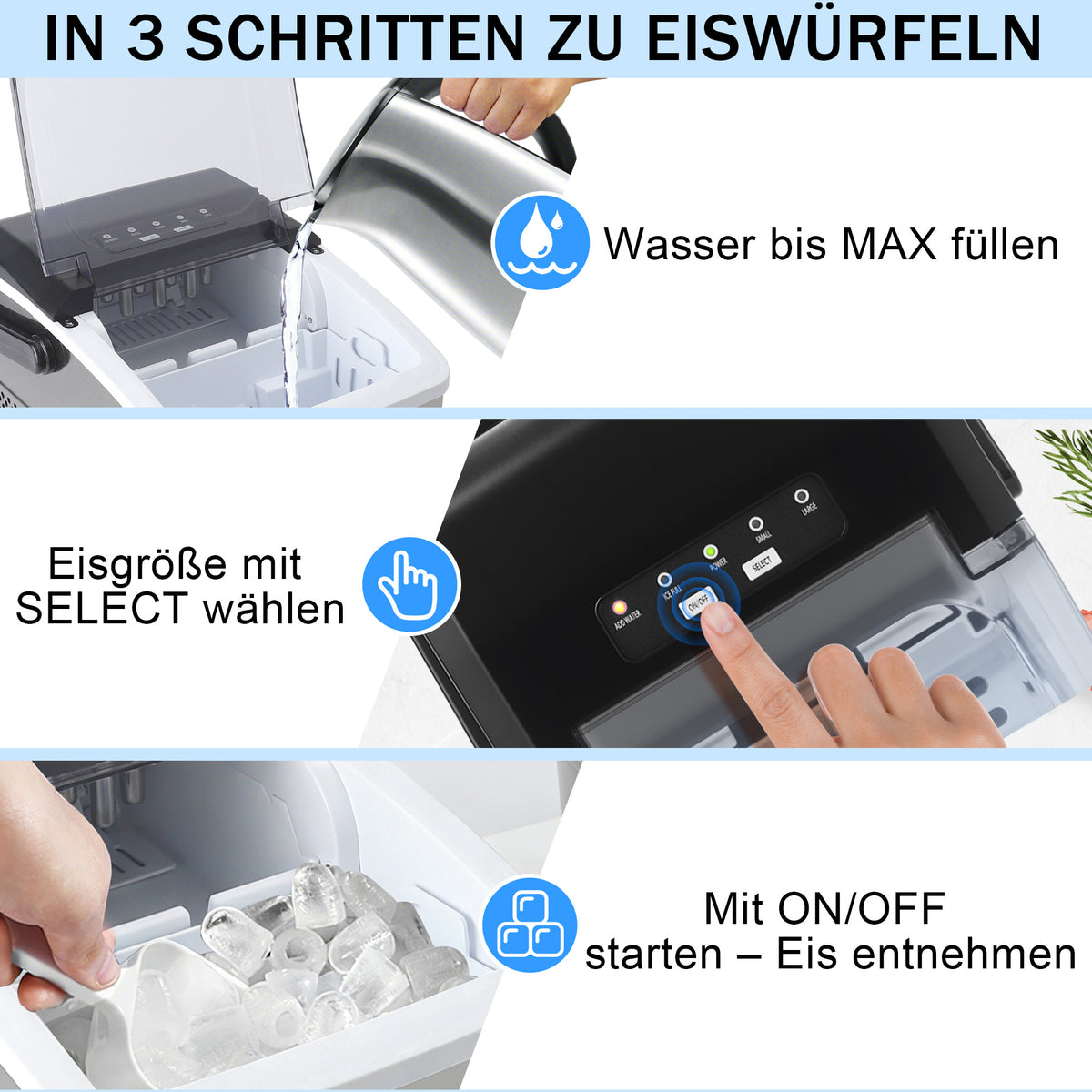 Eiswürfelmaschine mit Tragegriff – 2 Eiswürfelgrößen, 12 kg/24 h