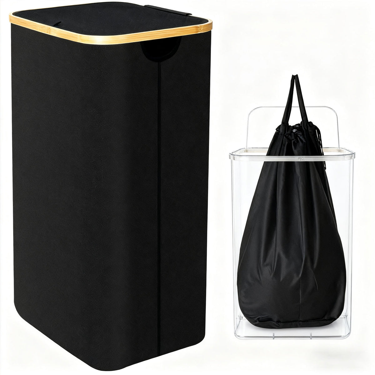 Foldable Laundry Hamper with Lid – 60L Waterproof Oxford Fabric Laundry Basket with Bamboo Frame & Removable Liner
