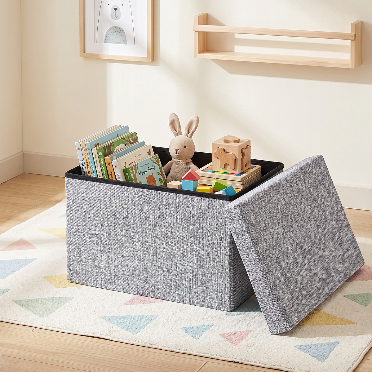 Foldable Storage Ottoman – 25L Collapsible Storage Stool with Padded Linen-Style Seat, 40 × 25 × 25 cm