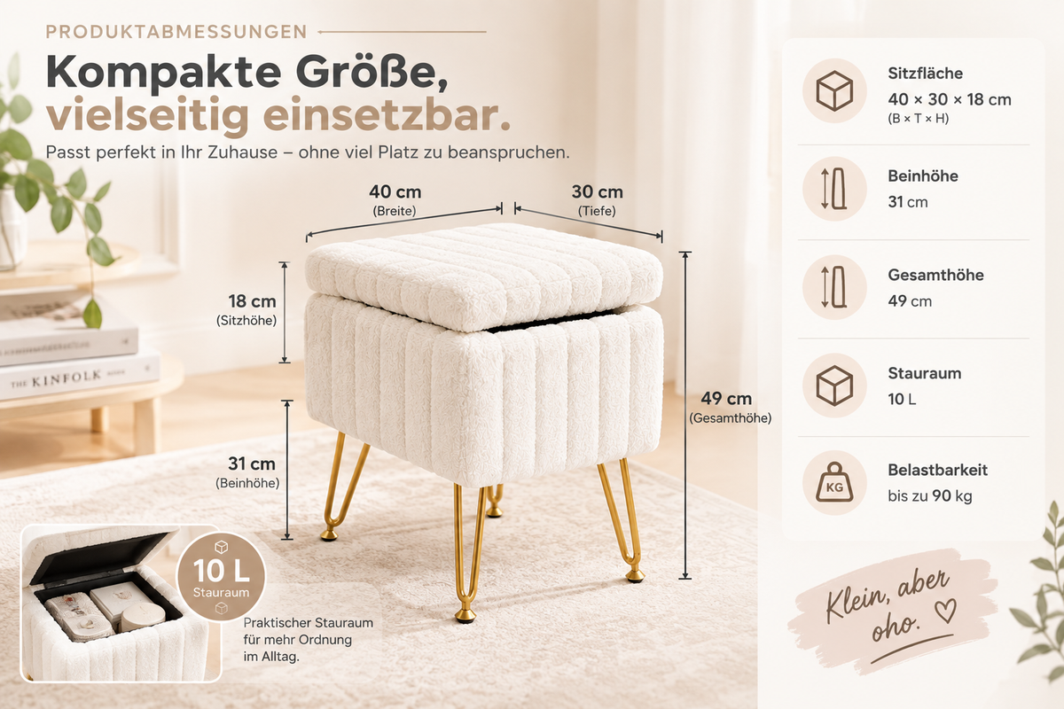 Storage Stool with Padded Seat – Compact Storage Ottoman Bench with Legs, 49 cm Height