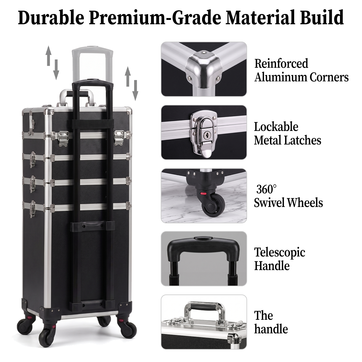 4-in-1 Modular Rolling Makeup Case – Detachable 4-Tier Cosmetic Storage Case with Telescopic Handle & 360° Wheels
