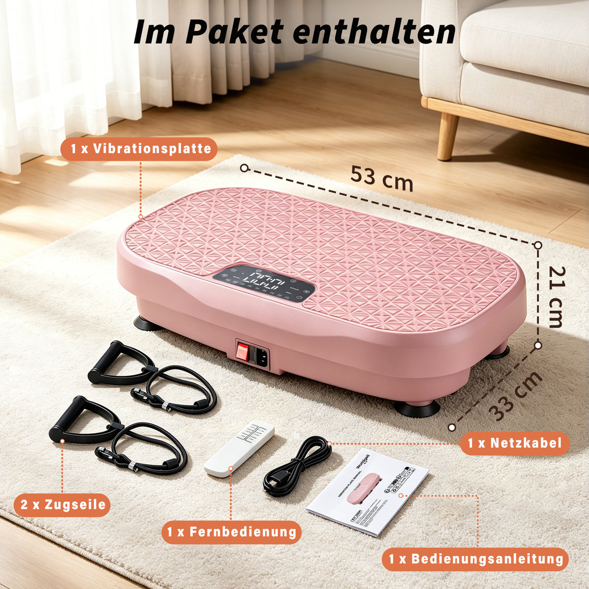 Pink home sports vibration plate high stability non-slip foot pads silent operation remote control resistance bands LED display