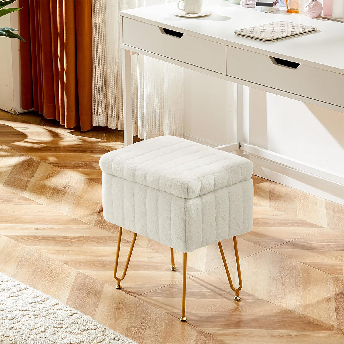 Storage Stool with Padded Seat – Compact Storage Ottoman Bench with Legs, 49 cm Height