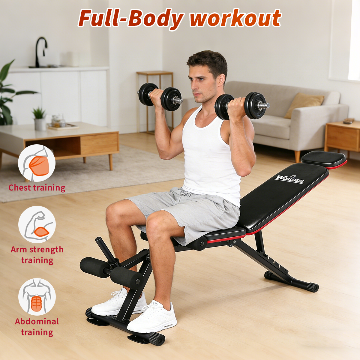 Foldable home weight bench, 7 adjustable backrest positions, 2 adjustable footrests, 100kg weight capacity