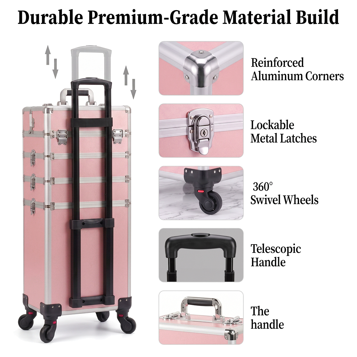 4-in-1 Modular Rolling Makeup Case – Detachable 4-Tier Cosmetic Storage Case with Telescopic Handle & 360° Wheels