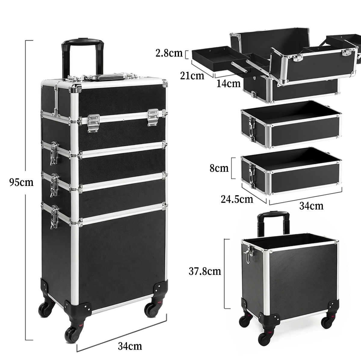4-in-1 Modular Rolling Makeup Case – Detachable 4-Tier Cosmetic Storage Case with Telescopic Handle & 360° Wheels