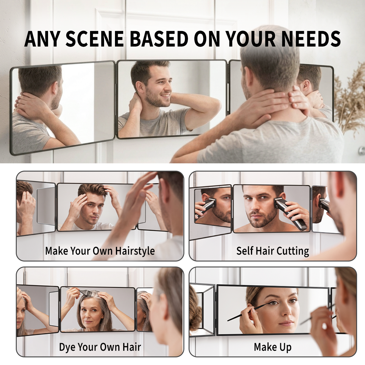 3-Way Folding Mirror – Adjustable Multi-Angle Mirror for Self Haircut, Hair Styling & Makeup