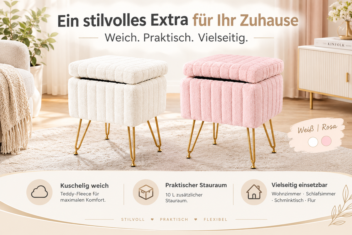 Storage Stool with Padded Seat – Compact Storage Ottoman Bench with Legs, 49 cm Height