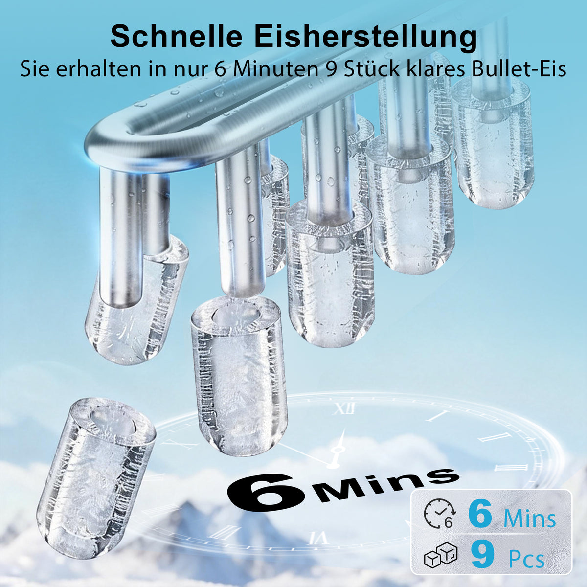 Kompakte Eiswürfelmaschine in Schwarz – 2 Eisgrößen, Selbstreinigung