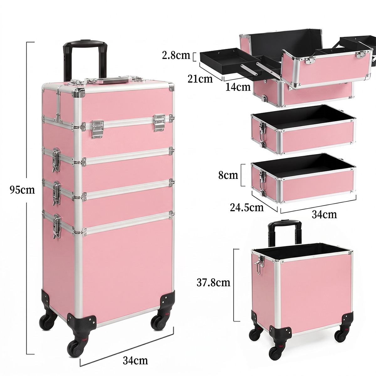 4-in-1 Modular Rolling Makeup Case – Detachable 4-Tier Cosmetic Storage Case with Telescopic Handle & 360° Wheels