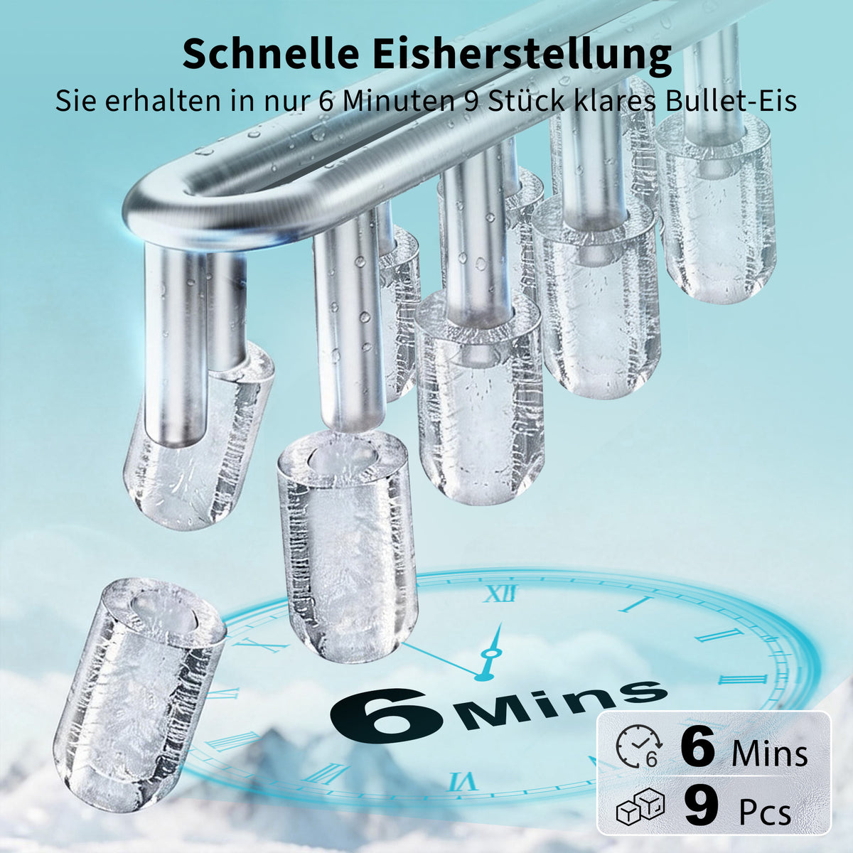 Kompakte Eiswürfelmaschine in Mint – 2 Eisgrößen, Selbstreinigung