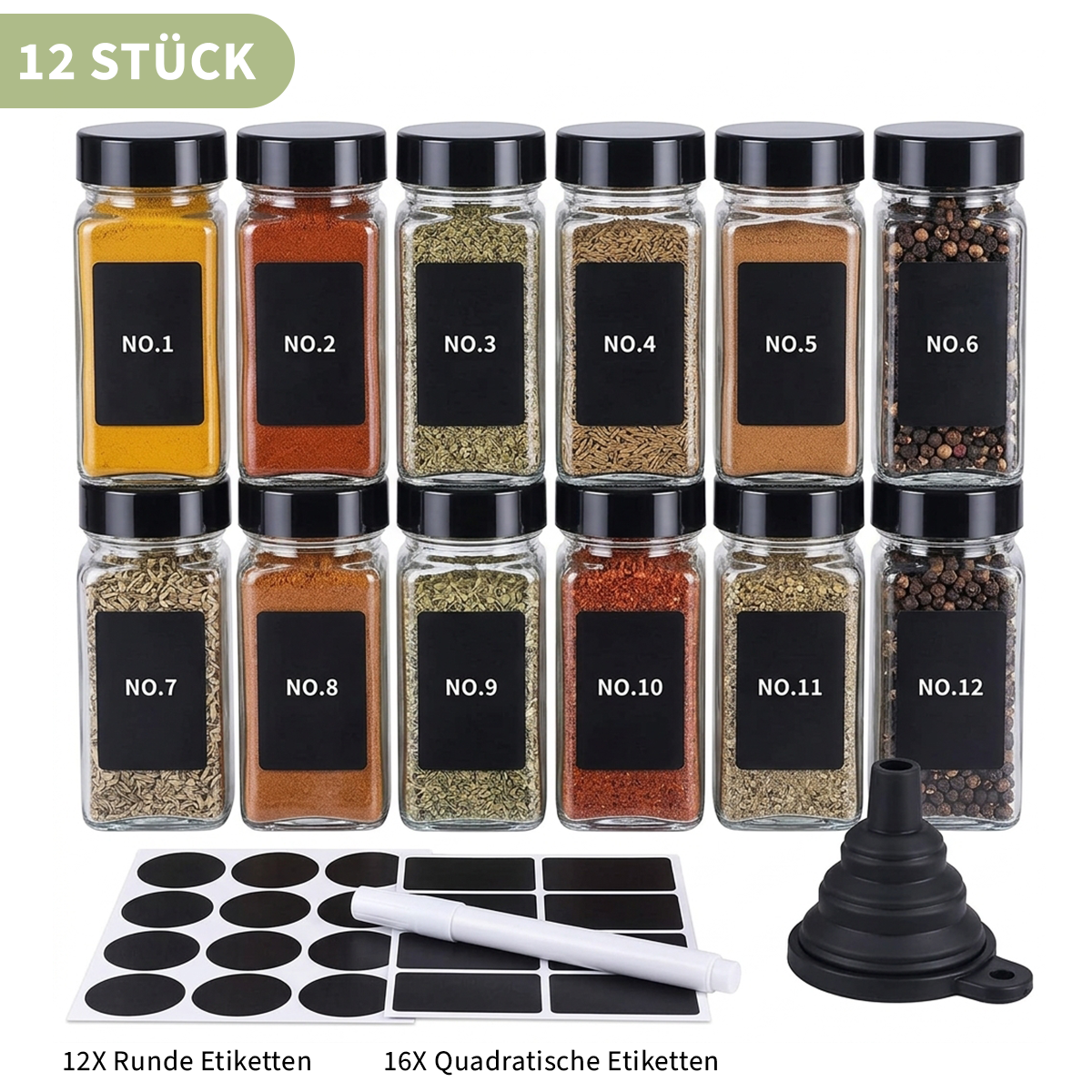 Glass Spice Jars with Lids and Labels – Spice Storage Containers with Pour Spouts, Brush & Marker, 12/24/36 Pack