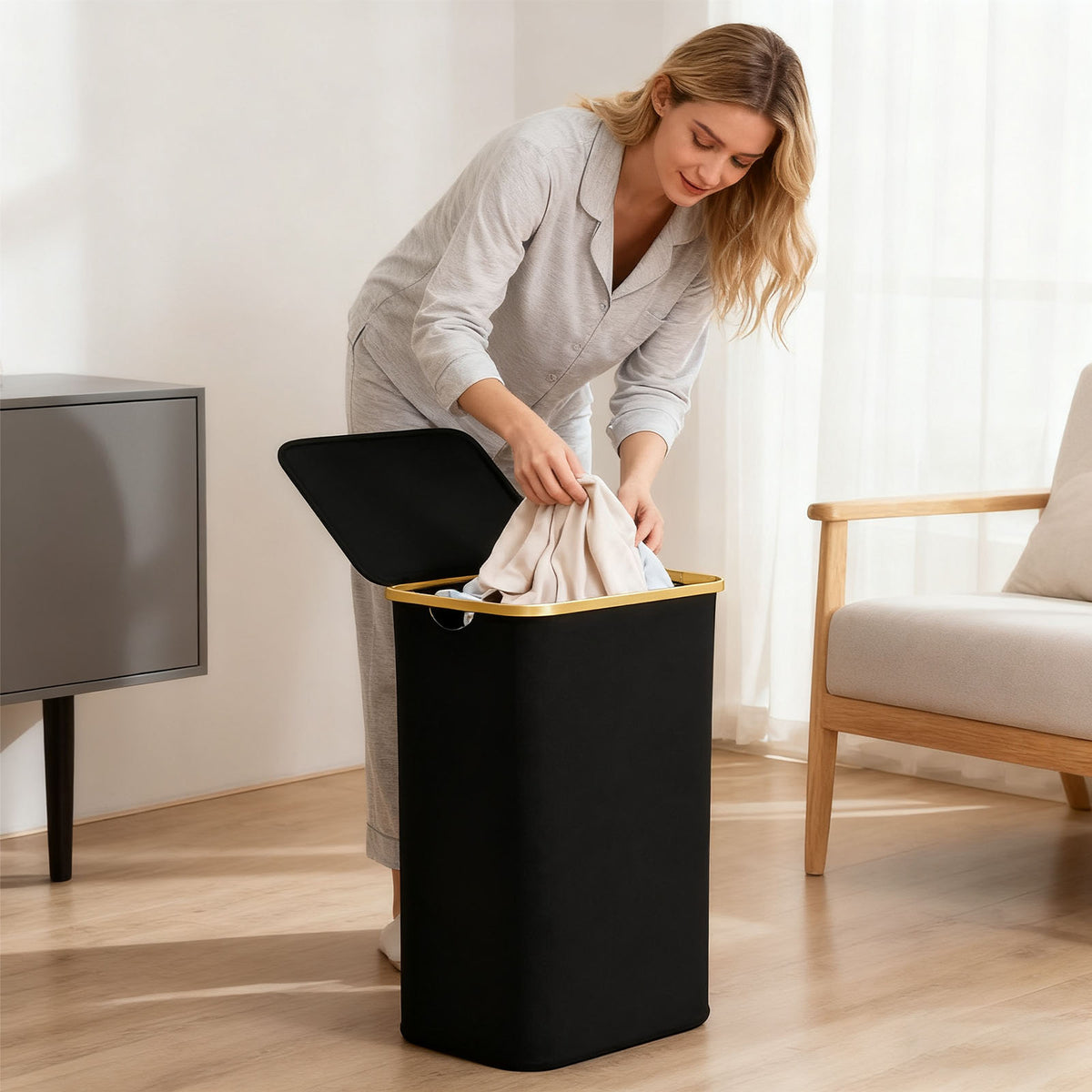 Foldable Laundry Hamper with Lid – 60L Waterproof Oxford Fabric Laundry Basket with Bamboo Frame & Removable Liner