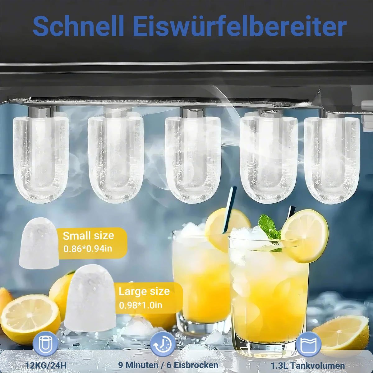 Eiswürfelmaschine kompakt mit Tragegriff – Eismaschine für 2 Eisgrößen, 12 kg/24 Std., inkl. 1,3 L Wassertank