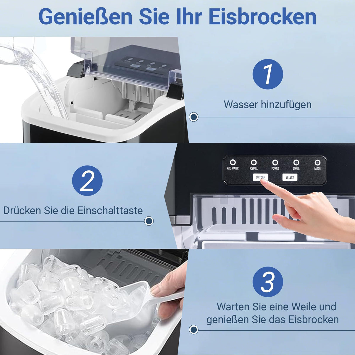 Eiswürfelmaschine kompakt mit Tragegriff – Eismaschine für 2 Eisgrößen, 12 kg/24 Std., inkl. 1,3 L Wassertank