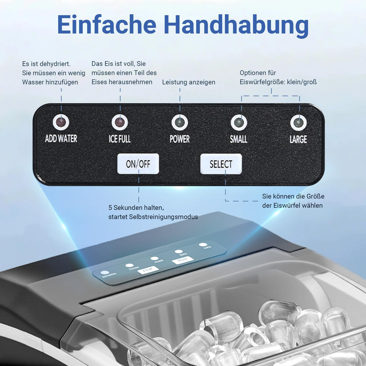Eiswürfelmaschine kompakt mit Tragegriff – Eismaschine für 2 Eisgrößen, 12 kg/24 Std., inkl. 1,3 L Wassertank