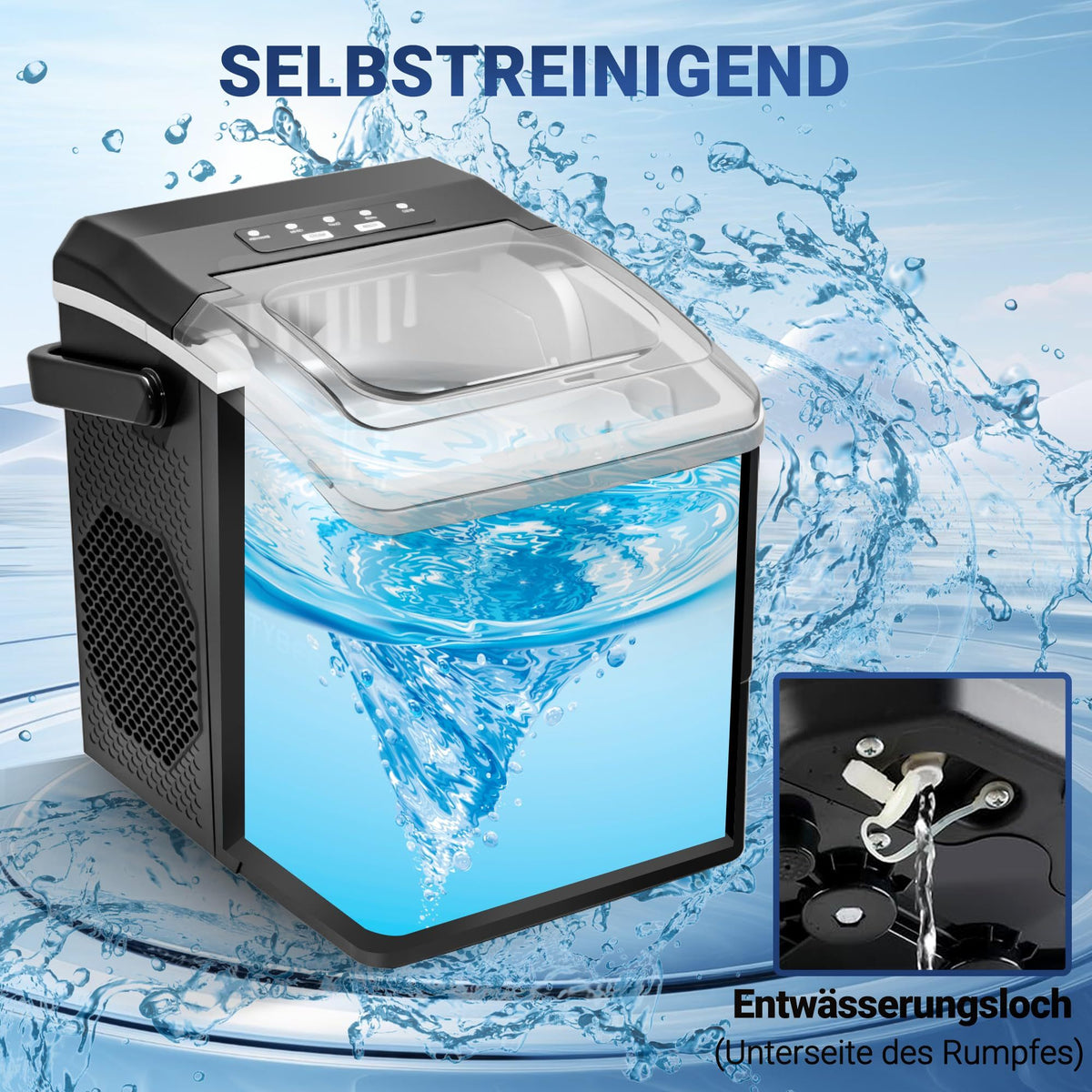 Eiswürfelmaschine kompakt mit Tragegriff – Eismaschine für 2 Eisgrößen, 12 kg/24 Std., inkl. 1,3 L Wassertank