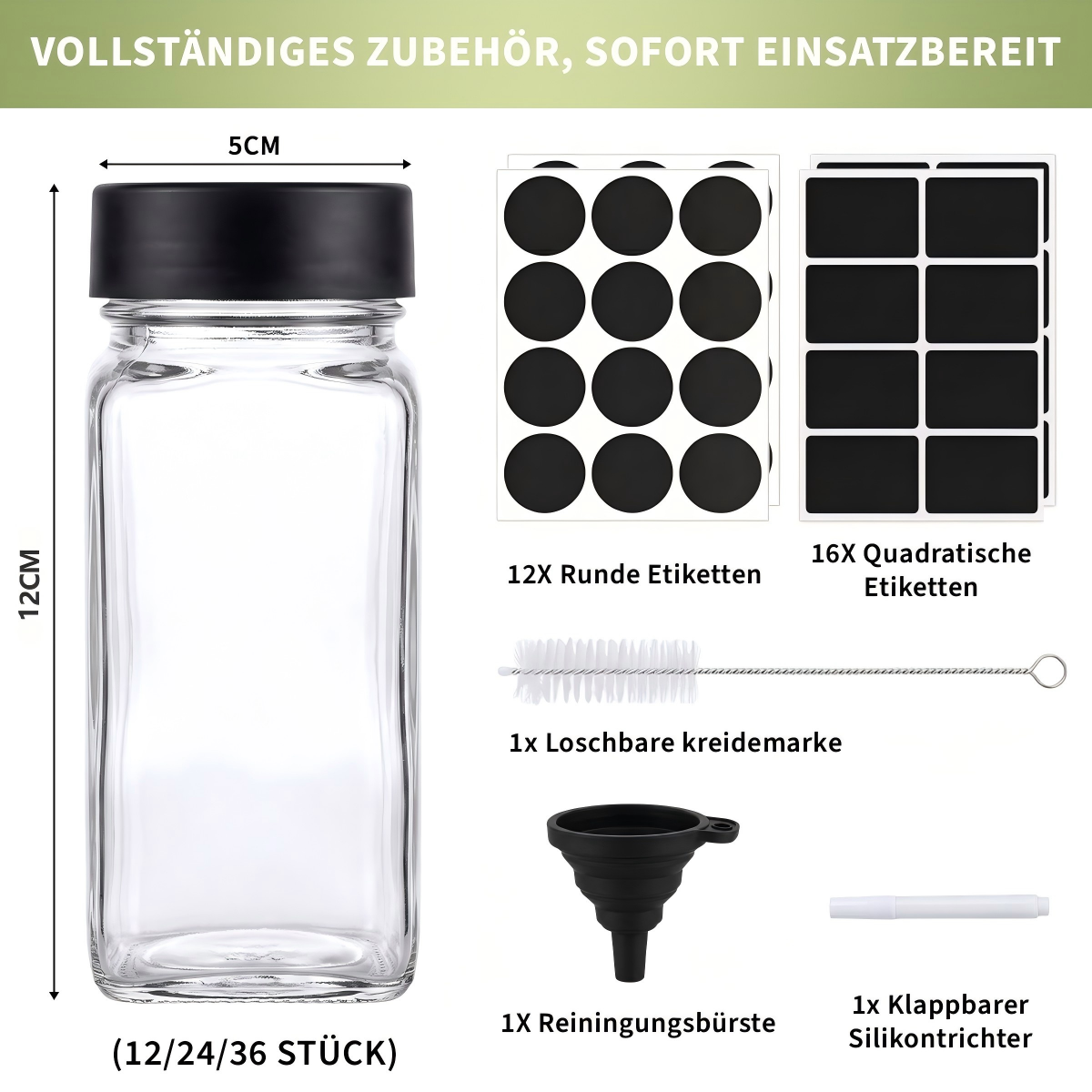 Glass Spice Jars with Lids and Labels – Spice Storage Containers with Pour Spouts, Brush & Marker, 12/24/36 Pack