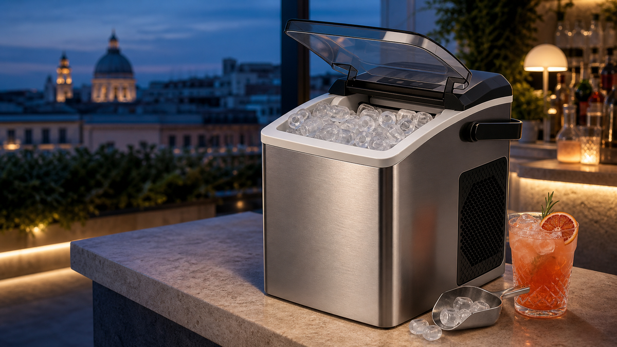 Citybee tragbare Edelstahl-Eiswürfelmaschine auf einer Dachterrasse bei Abendlicht