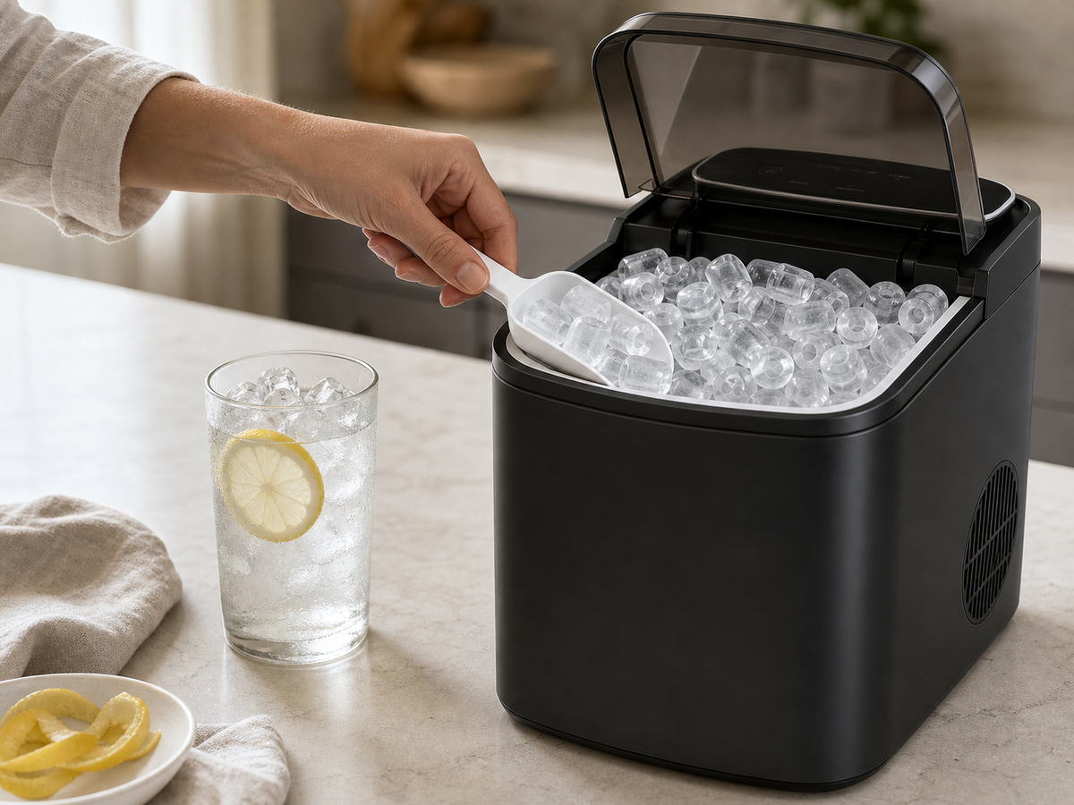 Detailaufnahme einer Citybee Eiswürfelmaschine mit transparenter Abdeckung und Eisschaufel
