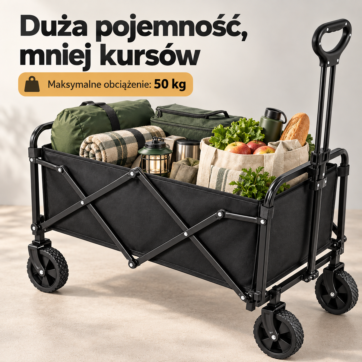 Faltbarer Bollerwagen 50 kg, 5 Zoll 360° Räder, Teleskopgriff