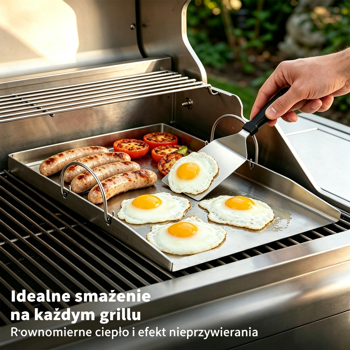 Grillplatte Edelstahl 40×30,5 cm mit 2 Spateln, Flasche & Bürste
